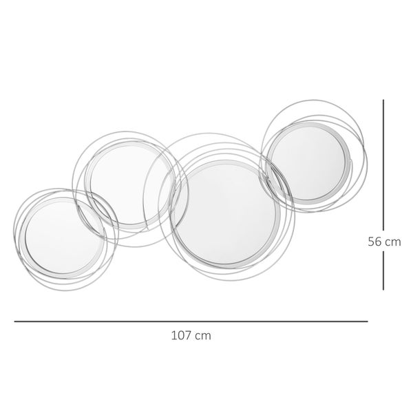 HOMCOM 4er Set Spiegel für Wanddekoration, Wanddekoration mit 4 runden Spiegeln, Wohnzimmerdeko, Wandspiegel, Flurspiegel, Wandkunstwerk für Wohnzimmer, Schlafzimmer, Metall, Silber