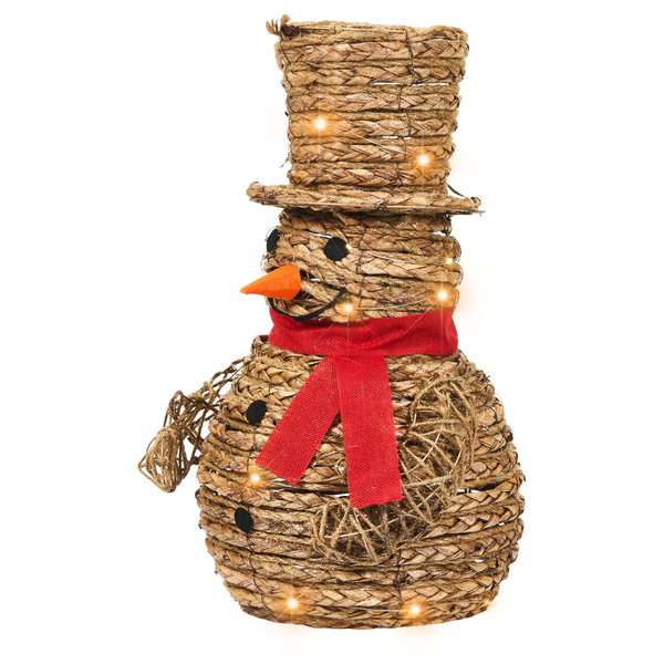 Dekorativer Schneemann aus Naturmaterialien mit Hut und rotem Schal