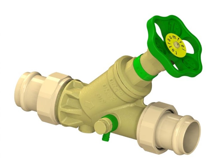 Totraumfreies Freistromventil aus Kunststoff mit Pressanschlüssen, Entleerungsventil und grünem Handrad, Nennweite 32.