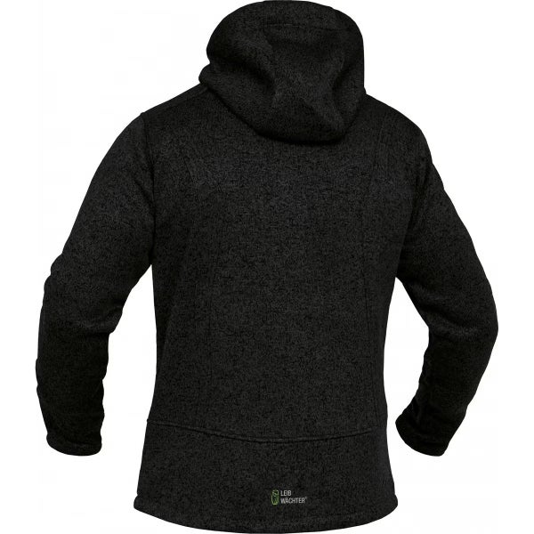 Leib Wächter Fleecejacke mit Kapuze, schwarz, Rückansicht, meliert, Arbeitskleidung, Leib Wächter Logo.