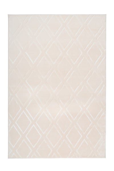 Rechteckiger Teppich mit geometrischem Rautenmuster in Beige.