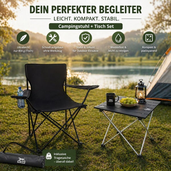 Campingstuhl und Campingtisch Set für Outdoor Aktivitäten in der Natur mit Tragetasche