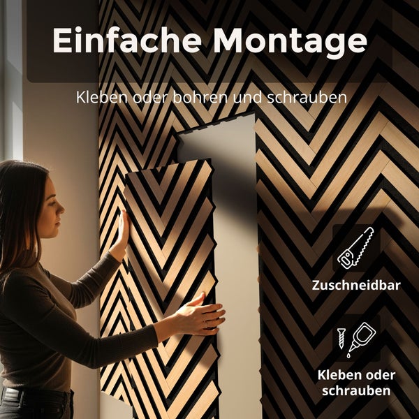 Eine Frau montiert ein Wandpaneel aus Holz mit Fischgrätmuster. Symbole zeigen: zuschneidbar und Befestigung durch Kleben oder Schrauben.