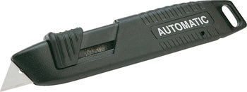 Sicherheitsmesser mit Trapezklinge und automatischem Klingeneinzug, Griff aus Kunststoff mit Aufhängeschlaufe.