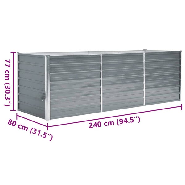 Hochbeet aus Metall mit Maßen 240 Zentimeter Länge, 80 Zentimeter Breite und 77 Zentimeter Höhe.