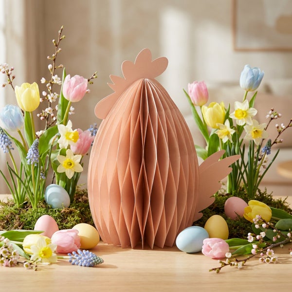 Osterdekoration mit einer Wabenpapierfigur in Form eines Huhns umgeben von echten Blumen und bemalten Eiern als Frühlingsdekoration.
