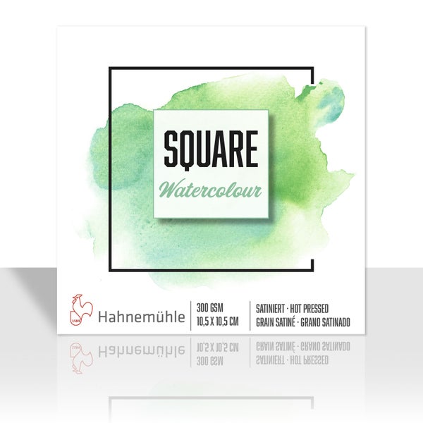 Hahnemühle Aquarellblock Square, 300 Gramm pro Quadratmeter, 10,5 mal 10,5 Zentimeter, satiniert, Hahnemühle Logo.