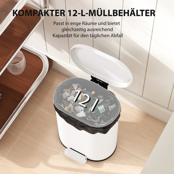 Weißer 12 Liter Treteimer mit offenem Deckel und schwarzem Müllbeutel