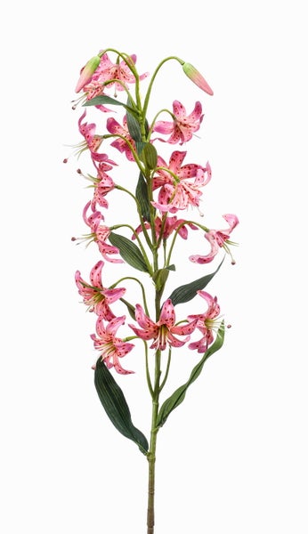 Künstliche Lilie mit rosa gepunkteten Blüten, Knospen und grünem Stiel für die Innendekoration.