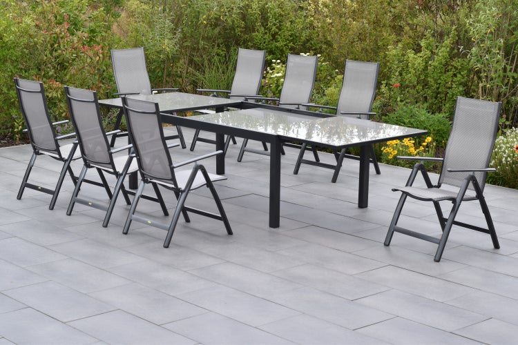 Carrara Gartenmöbelset 9tlg., Klappsessel, Semi Ausziehtisch 200 (300) x 100 cm, graphit/grau