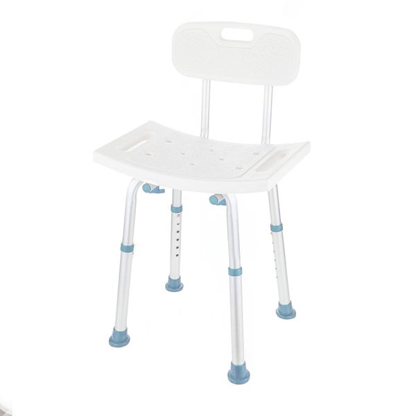 Duschstuhl mit Rückenlehne und höhenverstellbaren Beinen.