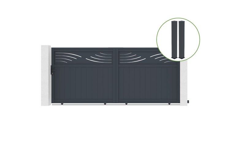 Schiebetor 3,7 m HALTI H.160 cm graues Aluminium + 2 Pfosten 20 x 20 cm H. 190 c