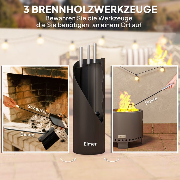 Kaminbesteckset mit Schaufel, Besen, Schürhaken und Eimer