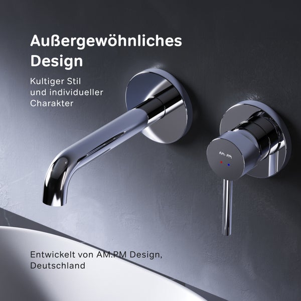 Wandmontierte Einhebel Waschtischarmatur von AM.PM mit modernem Design und verchromter Oberfläche.