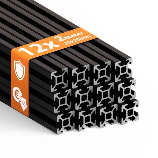 Zwölf Aluminiumprofile 20x20 Millimeter, jeweils zwei Meter lang