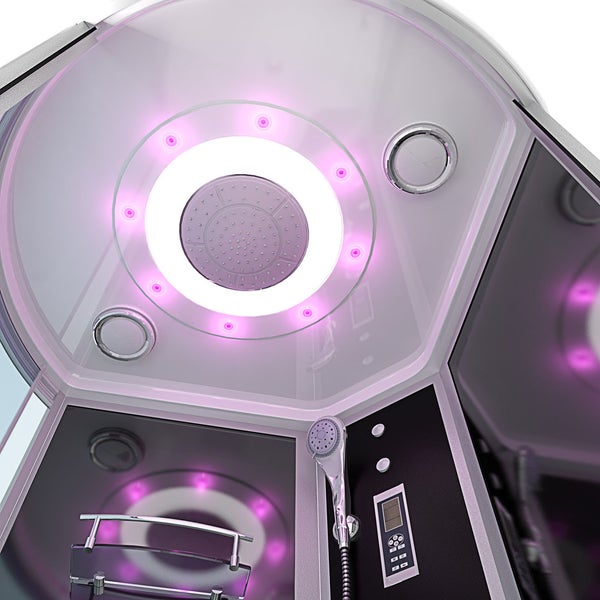 Moderne Duschkabine mit Kopfbrause, integrierter LED-Beleuchtung, Handbrause und digitalem Display.