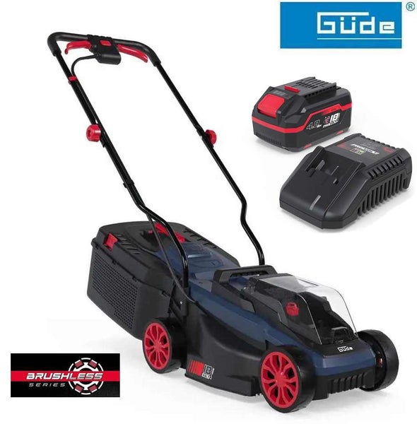 Güde Akku-Rasenmäher mit bürstenlosem Motor, 18 Volt Akku und Ladegerät. Güde Logo. Bürstenlose Serie Siegel.
