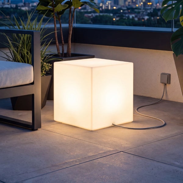 Beleuchteter LED Sitzwürfel auf einer Terrasse mit Anschluss an eine Steckdose im Außenbereich