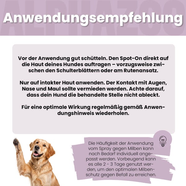 Anwendungsempfehlung für ein Spray gegen Milben bei Hunden mit Anwendungshinweisen.