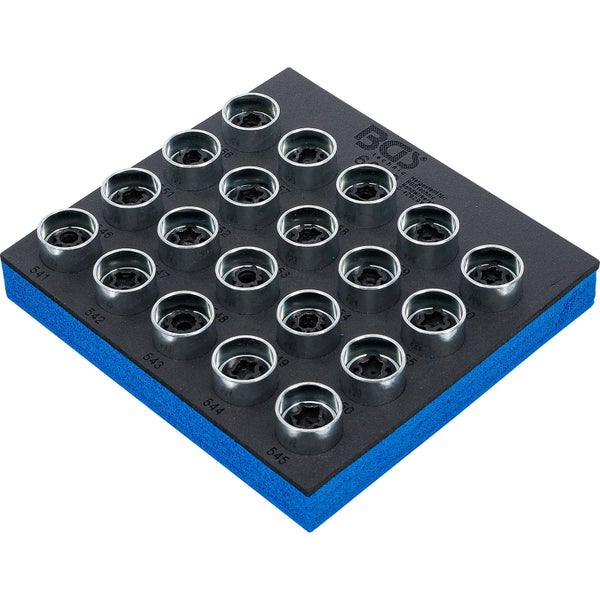 BGS technic Steckschlüsselsatz E-Profil in zweifarbiger Schaumstoffeinlage mit silbernen Metalleinsätzen.