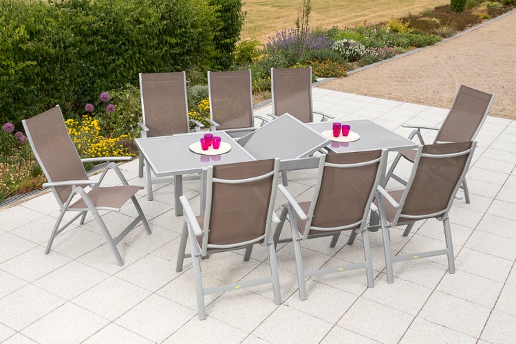 Carrara Gartenmöbelset 9tlg., Klappsessel, Ausziehtisch 160 (220) x 90 cm, taupe
