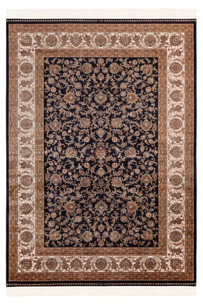 Orientteppich mit detailliertem floralem Muster, mehrstufiger Bordüre und Fransen.