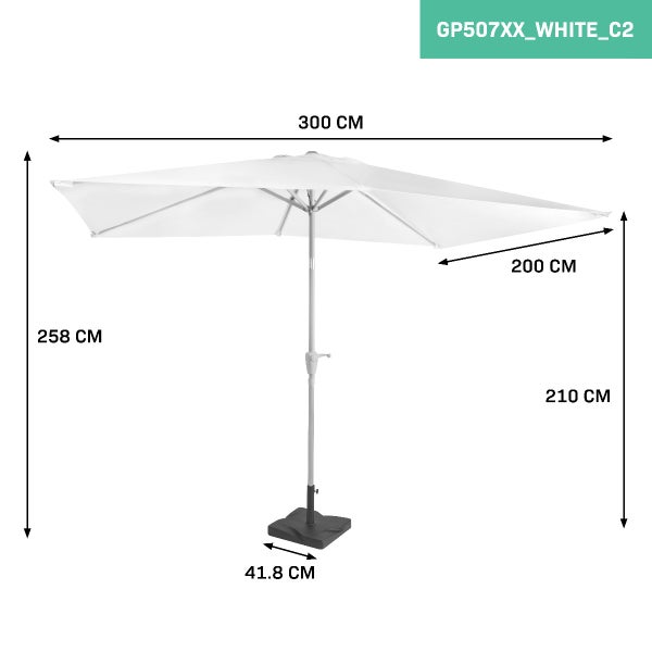 VONROC Premium Sonnenschirm Balkon - Neigbar, Rechteckig, 200X300CM - Sonnenschutz für Terrasse & Garten - Sonnenschirm groß inklusive Schutzhülle - Rapallo Weiß