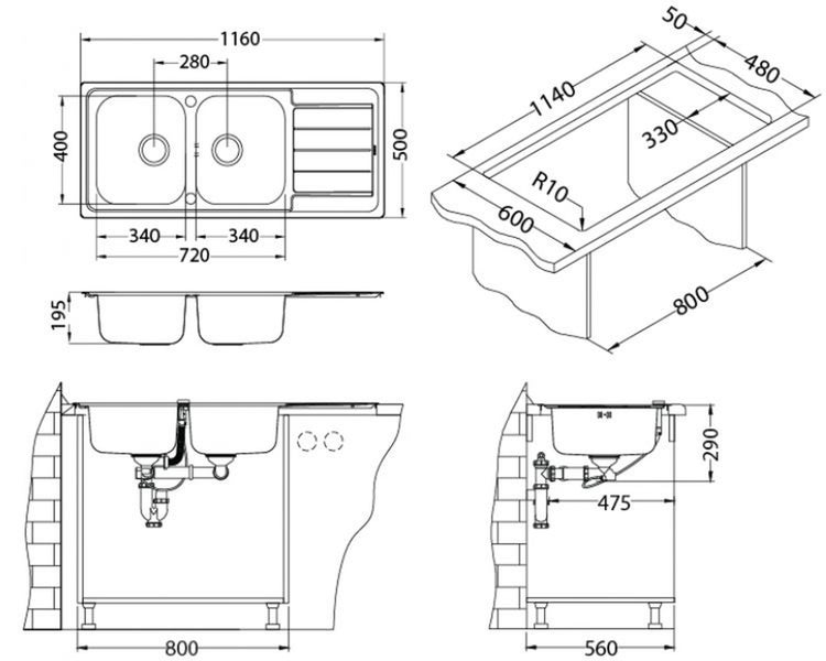Technische Zeichnung mit Maßangaben für ein Edelstahl Doppelspülbecken mit Abtropffläche zur Einbaumontage in die Küchenarbeitsplatte.
