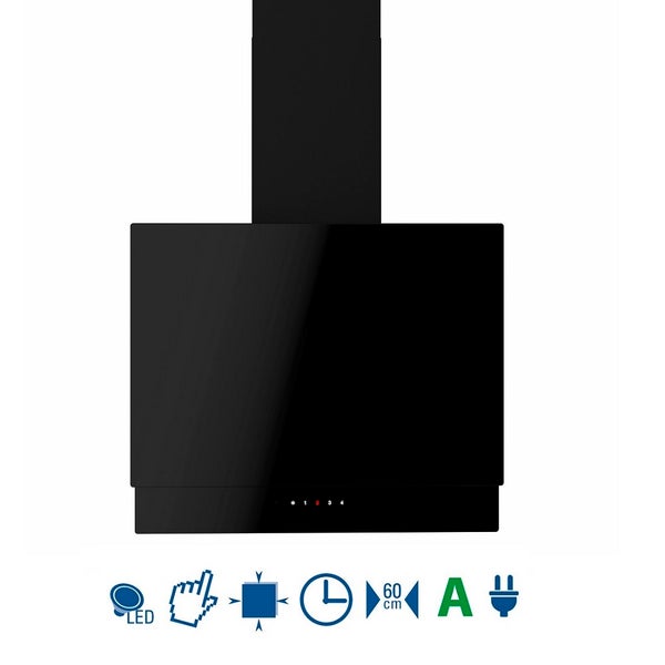 Kopffreie Dunstabzugshaube in Schwarz, 60 Zentimeter Breite, Touch-Steuerung, LED-Beleuchtung, Energieeffizienzklasse A und Timer-Funktion.