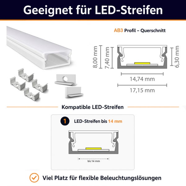 Aluminium LED Profil AB3 für LED Streifen bis 14 Millimeter inklusive Montageclips und Endkappen mit technischer Maßzeichnung.