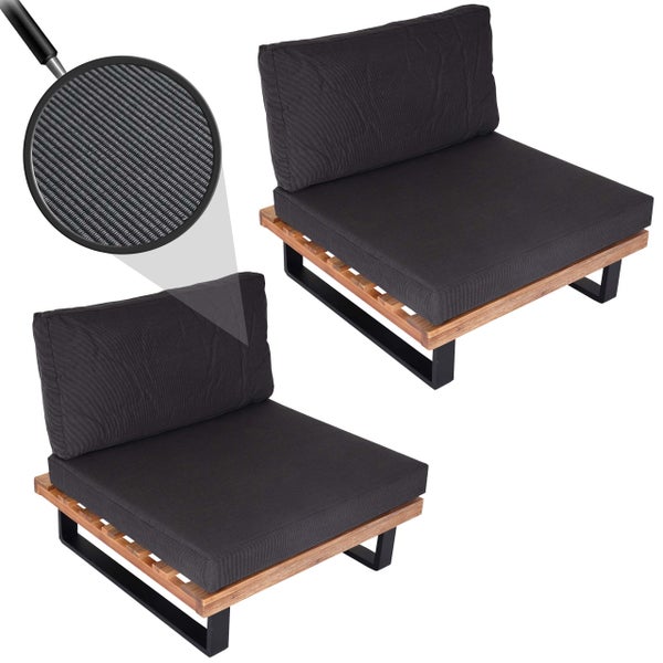 Zwei Garten-Lounge-Module mit Holzbasis, Metallfüßen und dunklen Polstern, Detailansicht der Stoffstruktur.