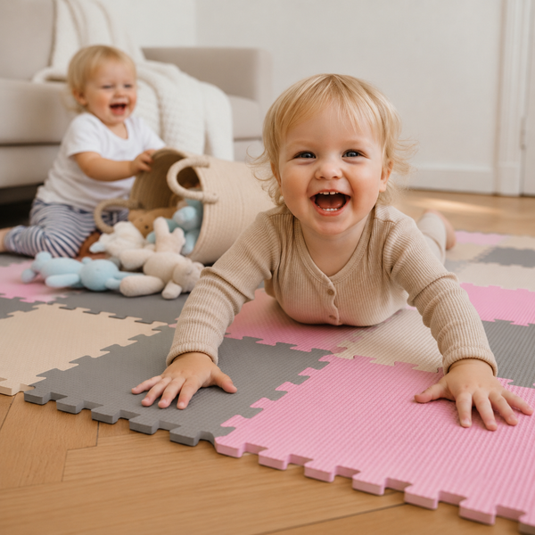 Zwei kleine Kinder spielen auf einer weichen, zusammensteckbaren Puzzlematte aus Schaumstoff im Wohnzimmer auf dem Boden.