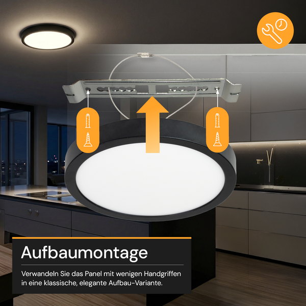 Runde LED-Panel-Leuchte in moderner Küche. Grafik zeigt Decken-Aufbaumontage mit Halterung, Schrauben und Symbol für einfache Installation.