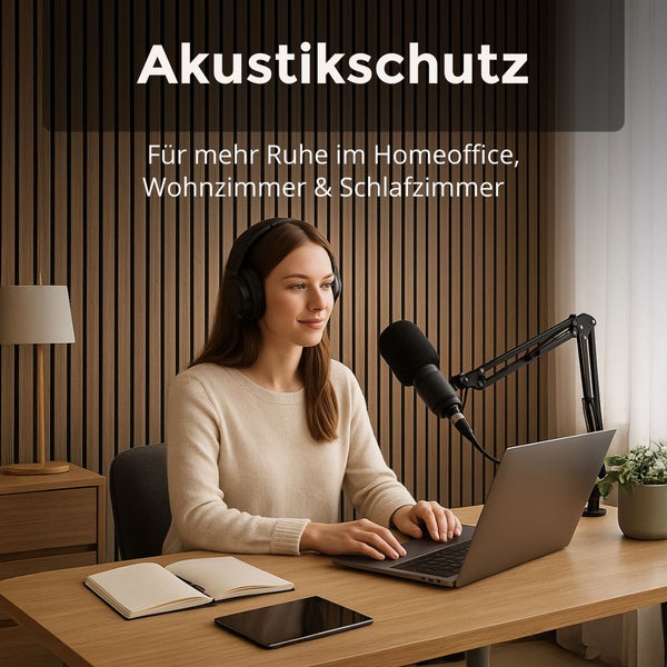 Eine Frau sitzt an einem Schreibtisch im Homeoffice vor einer Wandverkleidung aus Holzlamellen, die als Akustikschutz dient.