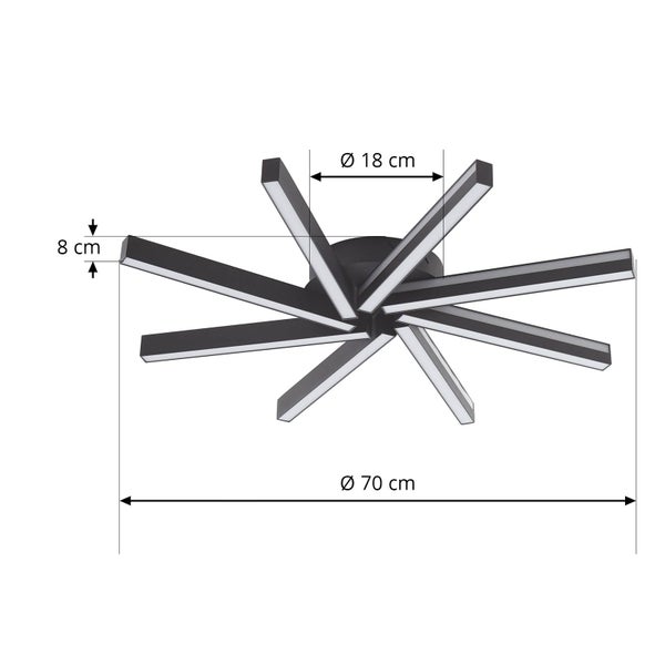 LED Deckenleuchte mit Durchmesser 70 Zentimeter, Höhe 8 Zentimeter und Baldachin Durchmesser 18 Zentimeter.