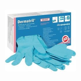 Einweg Einmalhandschuhe KCL Dermatril aus Nitril in einer Spenderbox für den Schutz bei Arbeiten.