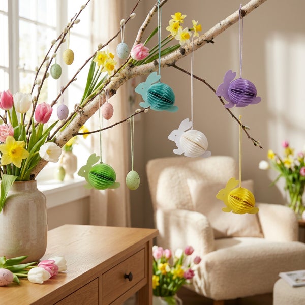 Osterdekoration mit hängenden Papierhasen und Ostereiern an einem Birkenzweig in einer Vase auf einem Holztisch.