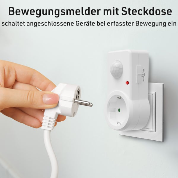 Bewegungsmelder mit Steckdose zum Einschalten angeschlossener Geräte bei Bewegungserkennung.
