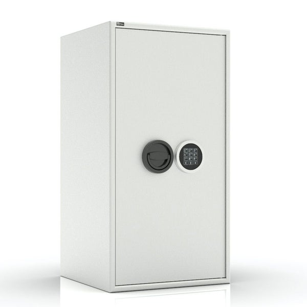 Hoher Metalltresor mit elektronischem Zahlenschloss und schwarzem Drehgriff.