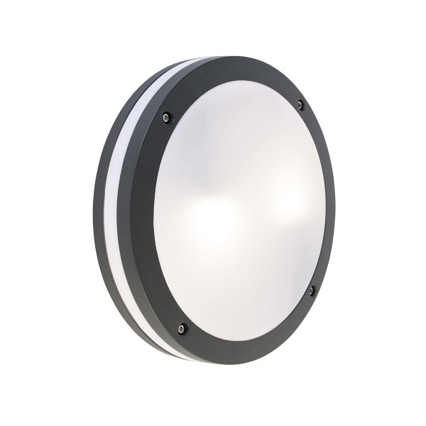 Runde Außenleuchte in Anthrazit mit weißem Diffusor und vier sichtbaren Schrauben.