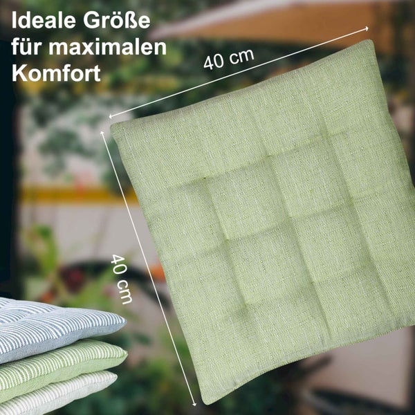 Quadratisches Sitzkissen für Gartenstühle mit den Maßen 40 mal 40 Zentimeter für maximalen Komfort.