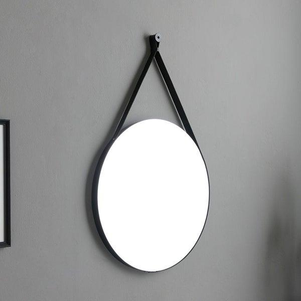 Runder Spiegel mit schwarzem Rahmen und Aufhängeriemen zur Wandmontage.