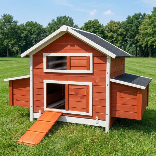 Zweistöckiger Hühnerstall aus Holz mit Bitumendach, Rampe und seitlichen Nistkästen auf einer Rasenfläche.