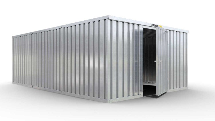 Lagercontainer Gerätehaus L3  – 25 qm, H2115 x B4050 x T6520 mm, verzinkt, ohne Fußboden, 1270 mm Einflügeltür mittig in Breitseite, zerlegt