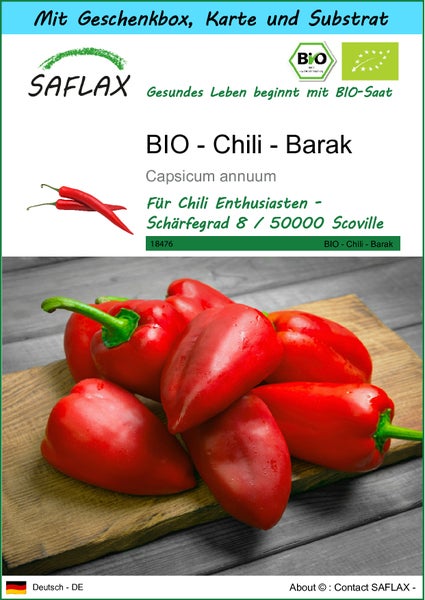SAFLAX Geschenk Set - BIO - Chili - Barak - Capsicum annuum - 15 Samen - Mit Geschenkbox, Versandaufkleber, Geschenkkarte und Anzuchtsubstrat