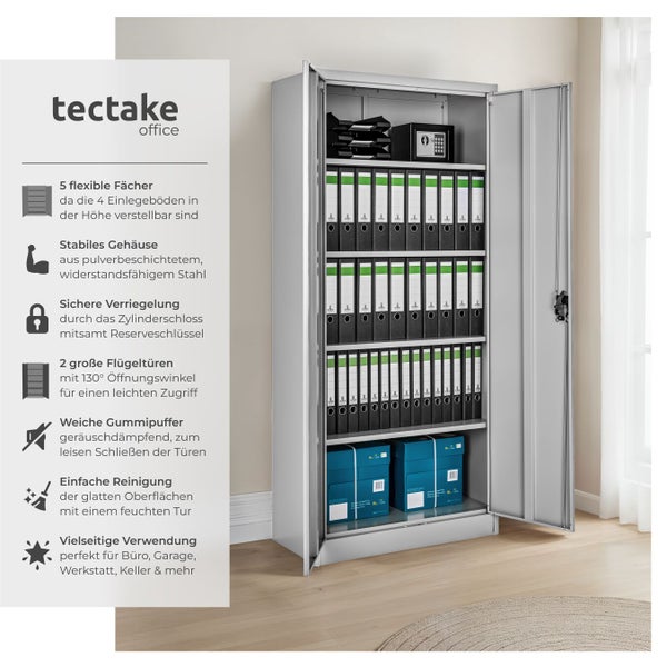 Stahlschrank mit Flügeltüren, Ordnern, Ablagefächern und Tresor