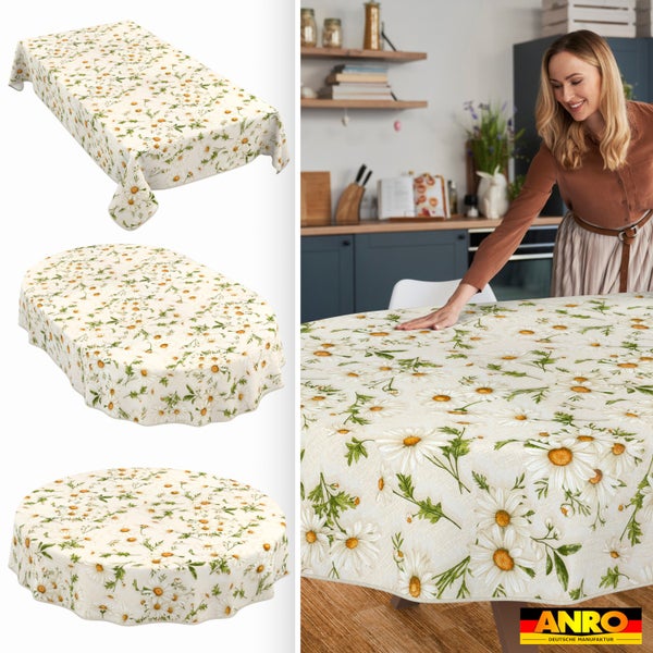 Abwaschbare Tischdecke mit Gänseblümchen-Motiv in eckiger, ovaler und runder Form in einer Küche und ANRO Deutsche Manufaktur Logo.