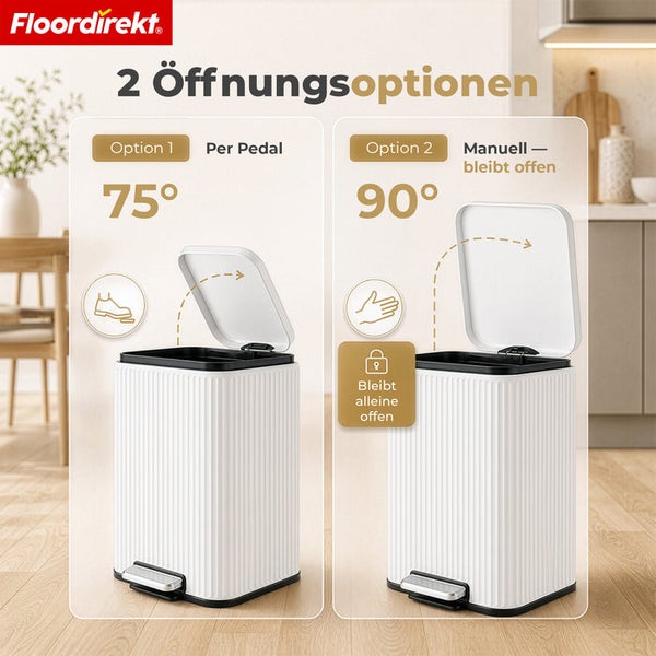 Floordirekt Logo. Treteimer mit zwei Öffnungsoptionen: 75 Grad per Pedal und 90 Grad manuell mit Feststellfunktion.