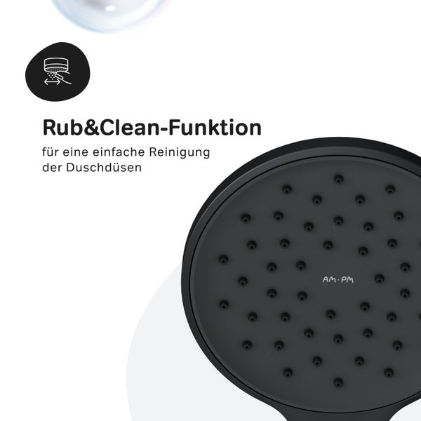 Duschkopf mit Rub and Clean Funktion zur einfachen Reinigung der Düsen und AM PM Logo