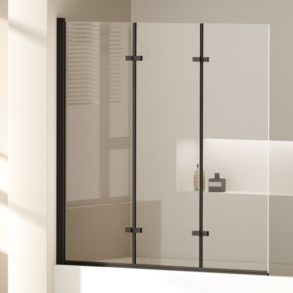 EMKE Badewannenaufsatz 3-teilig 130 x 140 cm Faltbare Duschwand für Badewanne, Mattschwarzer, 6 mm ESG Sicherheitsglas mit NANO-Beschichtung, klappbar, links oder rechts montierbar